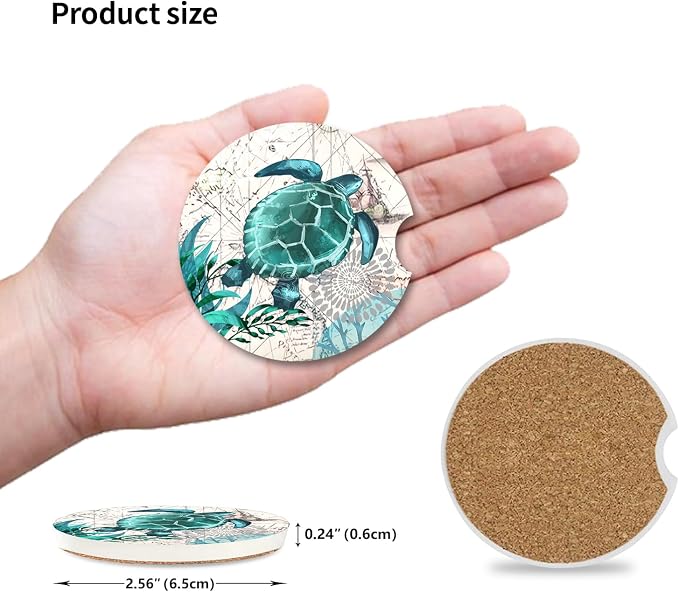 2 Pack Sea Turtles Pattern Absorbent Car Coasters for Cup Holders,2.56" Ceramic Coasters with Cork Back and Finger Slot,Auto Accessories for Women & Men.