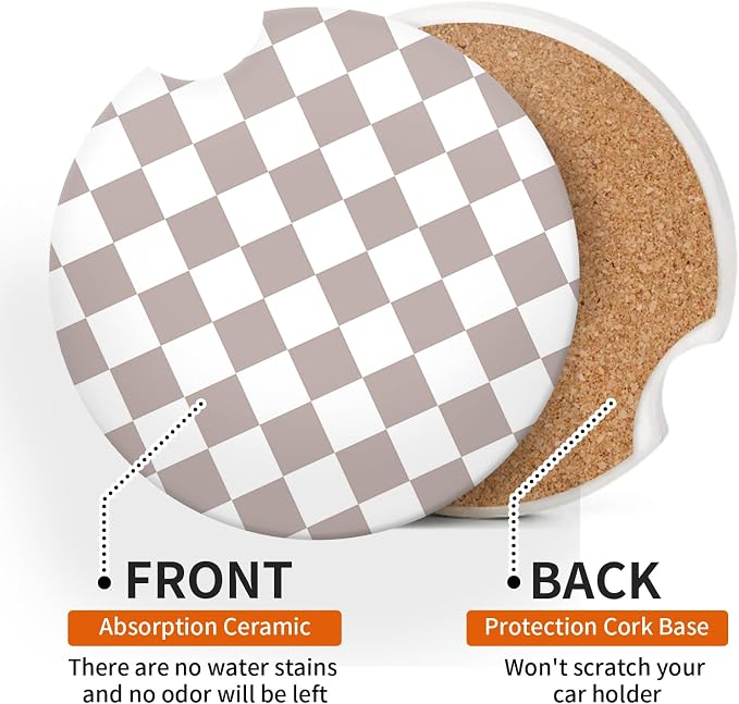 Taupe Checkered Car Coasters for Cup Holder Absorbent Ceramic Cup Coaster 2 Pack Anti Slip Car Interior Accessories with Finger Notch Cork Base for Women Men 2.56"