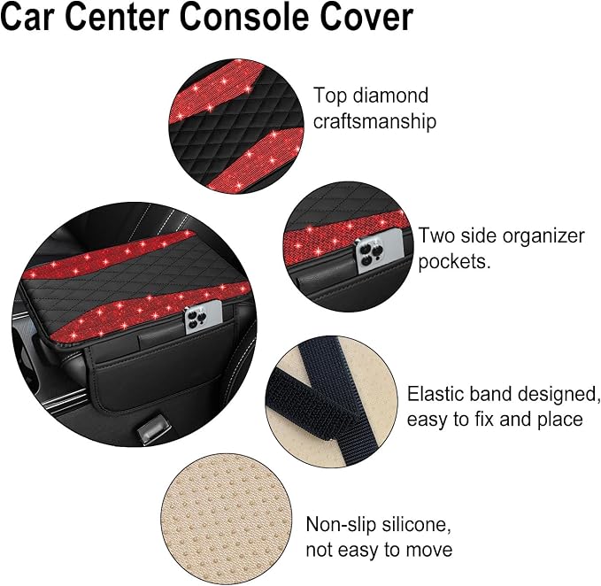 NBTEPEM Bling Car Center Console Cover, Leather Arm Rest Cover for Car with 2 Storage Bags, Universal Car Middle Console Cover Diamond Car Accessories Interior Fit for Most Vehicles, Red Diamond