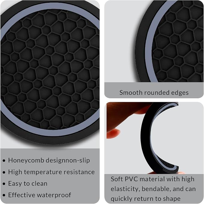 Car Cup Holder Coasters, Dustproof Automotive Interior Accessories Mat,2.75 Inch Non-Slip Insert Water Bottle Holder Pads, Universal for Vehicles, Trucks, RVs and More (Black/Gray, 2PCS)