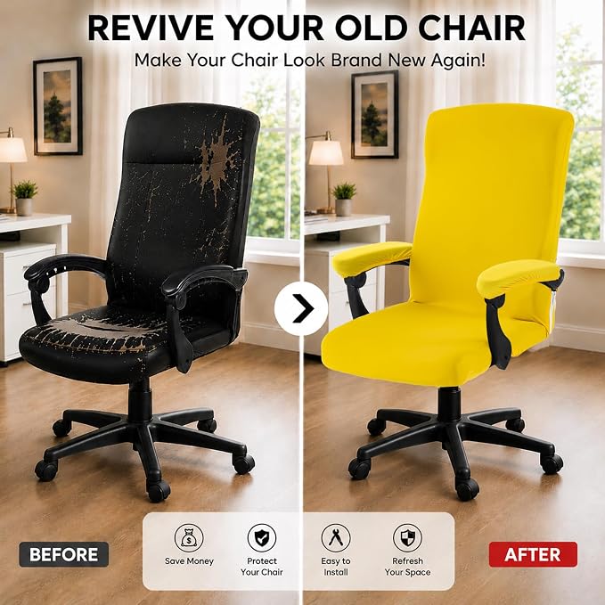 Stretch Computer Office Chair Cover with Armrest Covers Durable Zipper Universal Washable Removable Spandex Rotating Boss Chair Slipcovers Anti-dust Soft Desk Chair Seat Protector, Yellow