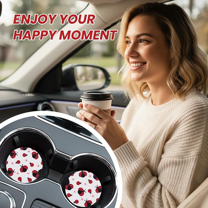 2 Pack Ladybug Car Coasters for Women Car Cup Holder Coasters, 2.63 Inch Anti Slip Ceramic Absorbent Coaster with Cork Base and Finger Notch, Cute Car Accessories Interior