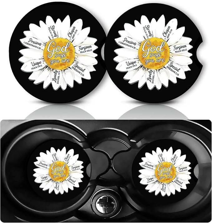 2 Pack Daisy Car Cup Holder Coasters Neoprene Anti Slip Rubber Mat | Daisys Car Accessories Interior Decor 2.75" Universal Size Insert Auto Coasters Daisy Gifts for Women Men