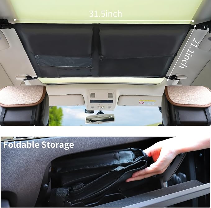 Car Ceiling Cargo Net,Double-Layer Mesh Car Roof Storage Organizer,Strengthen Load-Bearing Mesh Net Storage Pocket,Camping Road Trip Essentials Truck SUV Organizer Accessories