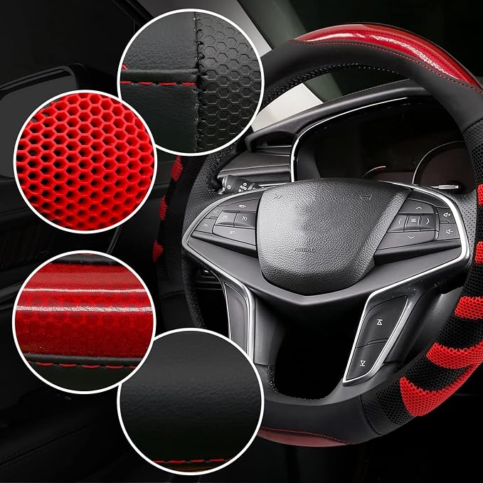 Sport Style Black Leather Steering Wheel Cover with Red Fishbone Grip Steering Wheel Accessory,Universal Fit 14.5-15.25 inch Steering Wheel