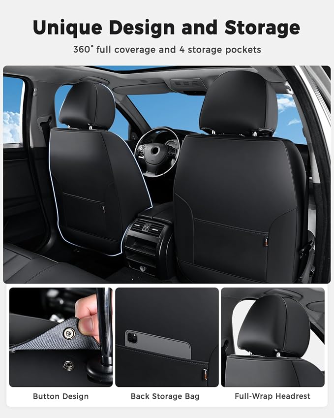 Huidasource Seat Covers Full Set, Universal Fit for Cars SUVs Trucks, Black | Full Coverage Leather Car Seat Cover, Airbag, Cupholder Compatible, Seat Function Retain, Velcro Adjustable