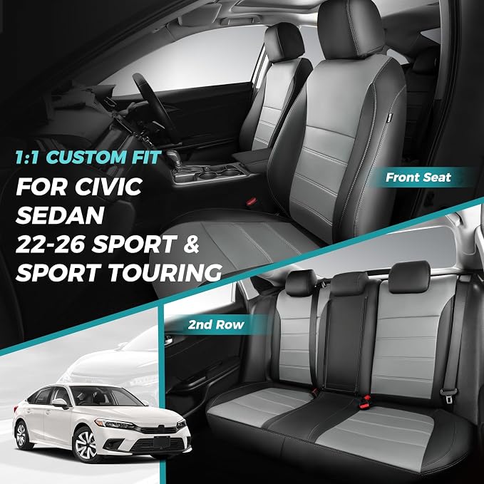 Seat Covers for Honda Civic Sedan 2022-2024 Touring &2025 2026 Hybrid Sport Touring, Faux leather Black Grey Leather Car Seats Cover Full Set for car - Rear Row 60/40 Split Bench - Black Grey