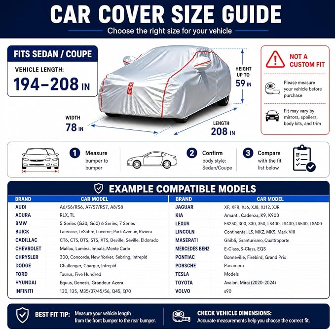 Car Cover for Sedan, Waterproof All Weather Heavy Duty, 360° Underbody Wrap Windproof Design, Quick Install Outdoor Vehicle Cover, Fits 194-208 in