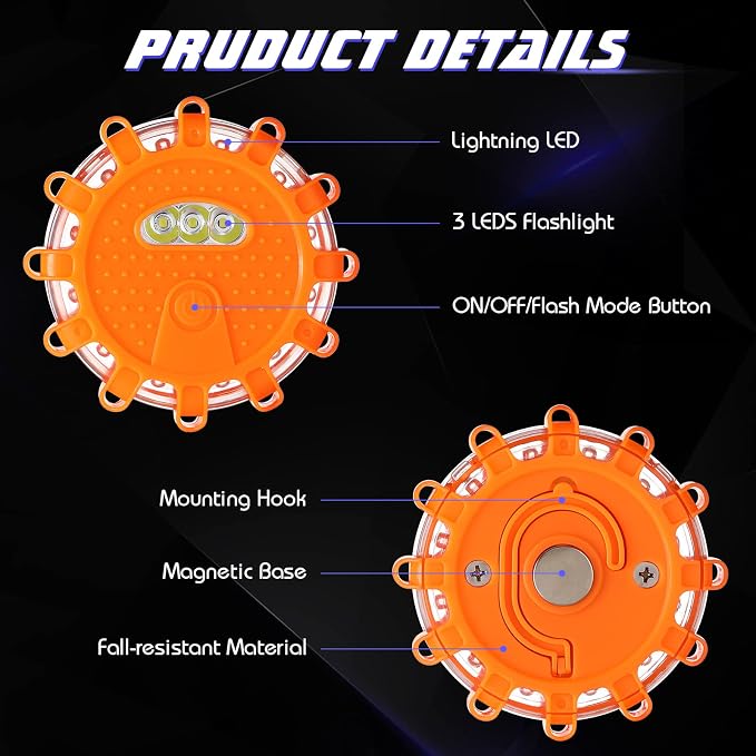 Frienda 24 Pieces LED Roadside Safety Flares Emergency Flare Lights Flashing Warning Lights Bulk Roadside Safety Beacon Disc Pack with Magnetic Base and Hook for Car Truck Vehicles Boat
