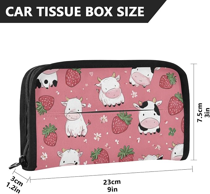 Cows Strawberry Flower Car Tissue Holder Durable Napkin Holder Hanging Tissue Holders Case Car Tissues Bag for Sun Visor Seat Back Universal Auto