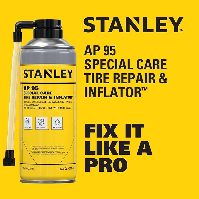 STANLEY AP95 Tire Repair & Inflator – (2x10 oz.) Flat Tire Sealant Spray Kit for Car, Bike, Motorcycle – Seals & Inflates Tubeless Tires – No Jack Needed – Emergency Tire Fix – Rim Safe | 2 Pack