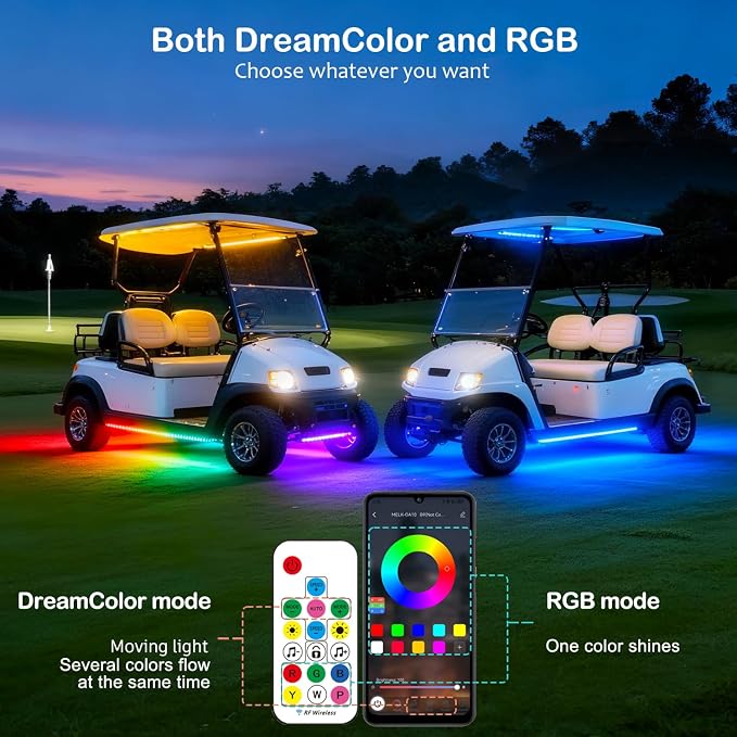 2PCS Golf Cart Underglow LED Light Kit with Built-in 12V-80V Voltage Reducer, APP & Remote Control, Sound Active Music Sync, IP67 Waterproof, Battery Drain Protect, for EZGO Yamaha Club Car
