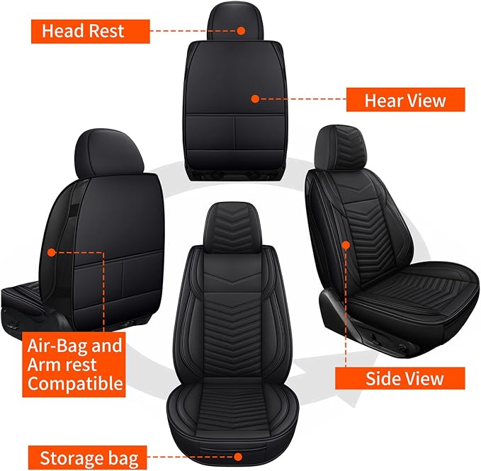 HChengkikz Front Car Seat Cover, Waterproof Faux Leather (Black) | Easy Maintenance, Airbag Compatible, Universal Fit For Most SUVs Trucks Pick-ups Sedans