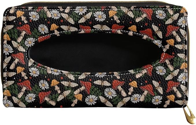 PU Leather Automotive Sun Visor Tissue Holder Mushroom Daisy Print Tissue Holder Tissue Box for Sun Visor & Back Seat Universal