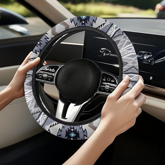 Wanyint Auto Steering Wheel Cover for Women Men, Universal 15 Inch Soft Elastic Steering Wheel Wrap Anti-Slip Easy to Install Car Accessories, Southwest Aztec Blue Gray