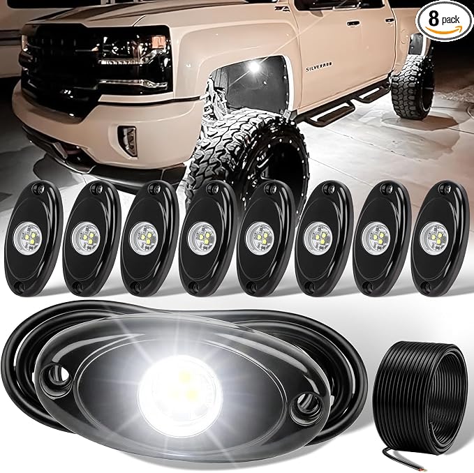 YONEDA 8 Pods White Rock Lights 6000K 3LED Bright LED Underglow Lights IP68 Waterproof for Trucks SUV UTV ATV RZR Car Boats Pickup Motorcycle with 32.8ft Extension Wire