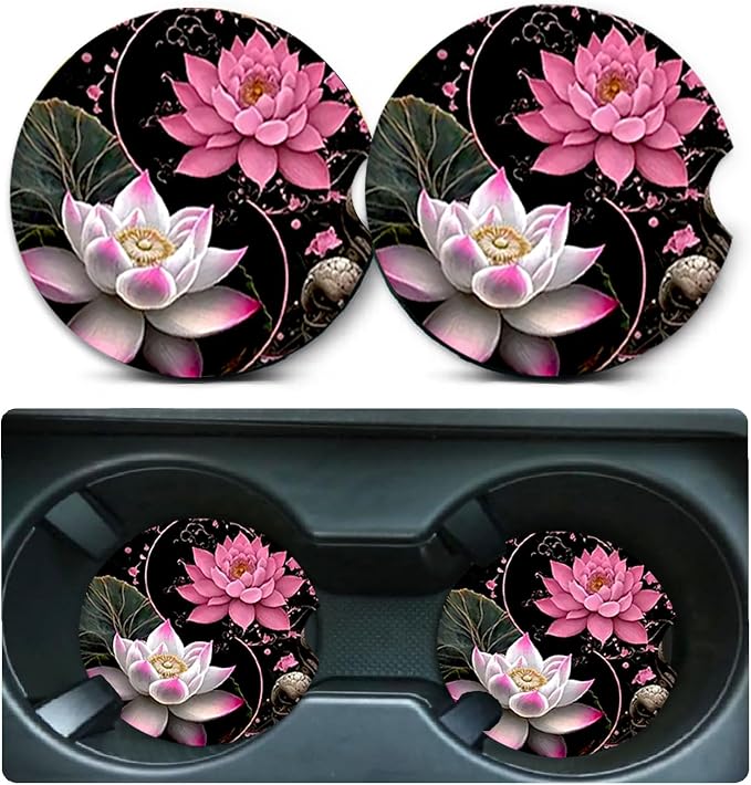 2 Pack Lotus Flower Car Cup Holder Coasters Universal Neoprene Coasters | 2.75" Universal Size Anti Slip Rubber Mat, Auto Cup Holder Accessories for SUV Truck, Lotus Flower Gifts for Women Men Mom