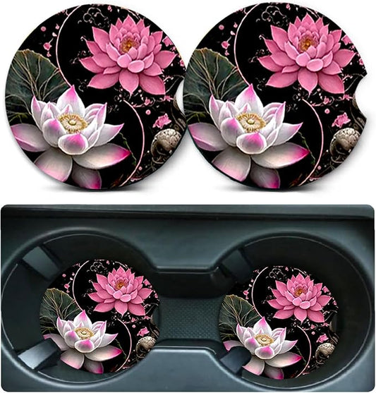 2 Pack Lotus Flower Car Cup Holder Coasters Universal Neoprene Coasters | 2.75" Universal Size Anti Slip Rubber Mat, Auto Cup Holder Accessories for SUV Truck, Lotus Flower Gifts for Women Men Mom