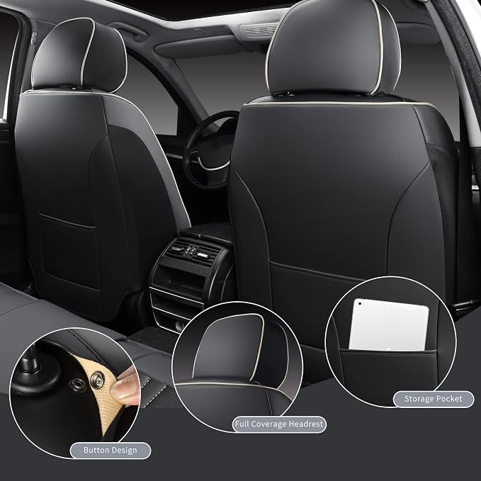 MINGBRON Seat Covers for Cars, Waterproof Seat Covers, Leather Car Seat Covers 2 Pack, Universal Seat Cushion Protector for Most Cars Black&Beige Line