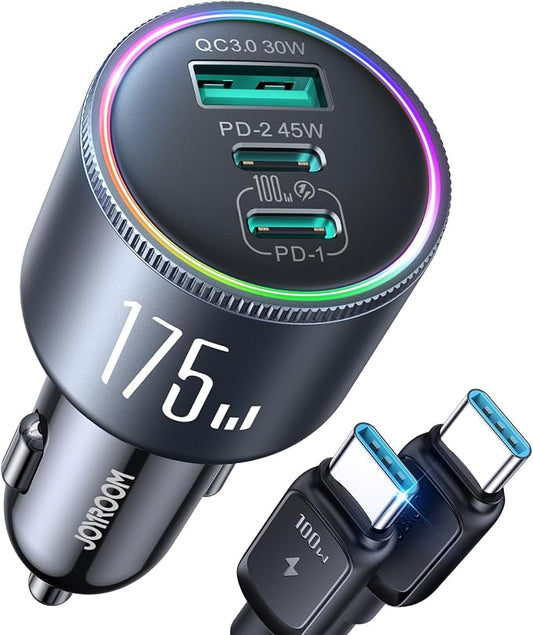 JOYROOM 175W Car Charger USB C Fast Charge, 3-Port Super Fast Car Charger | [GaN] PD100W+PD45W+QC30W, Car Cigarette Lighter USB Charger with 100W USB-C Cable for iPhone, Samsung, Pixel, MacBook, iPad