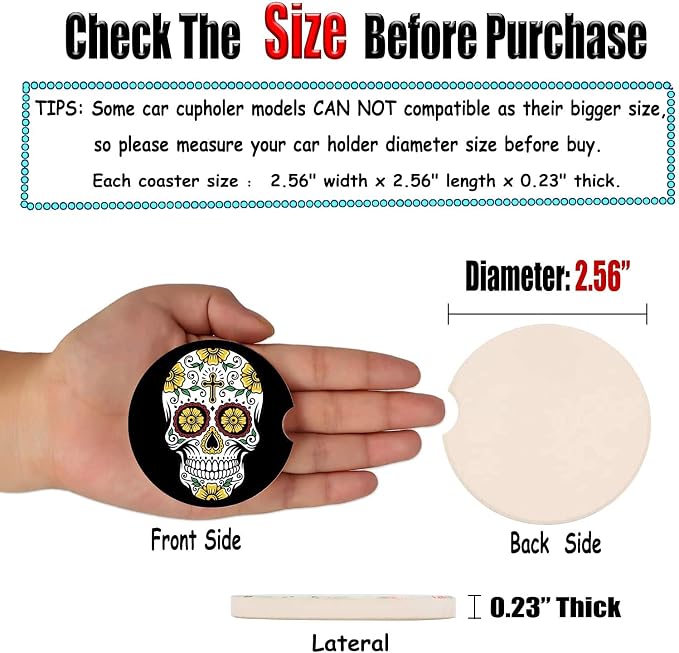 Sugar Skull Small 2.56" Absorbent Auto Coasters 2 Pack - Ceramic, Absorbs Spills, Keeps Cupholders Clean