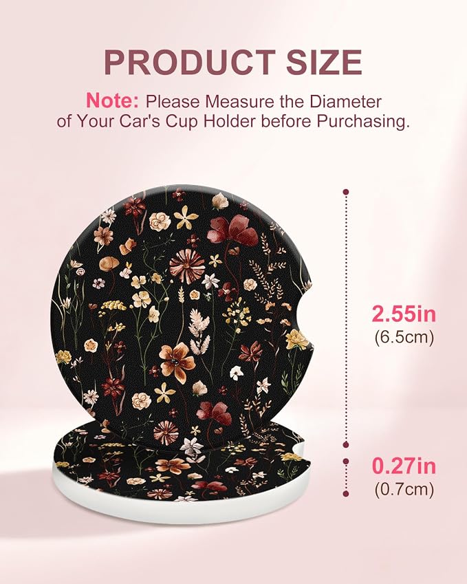 Swooflia Floral Absorbent Ceramic Car Coasters Set of 2, Cute Botanical Wildflower Cup Holder Coasters for Car, Black Vintage Flower Car Accessories for Women, Unique Gifts for Mom, Friends, Teachers