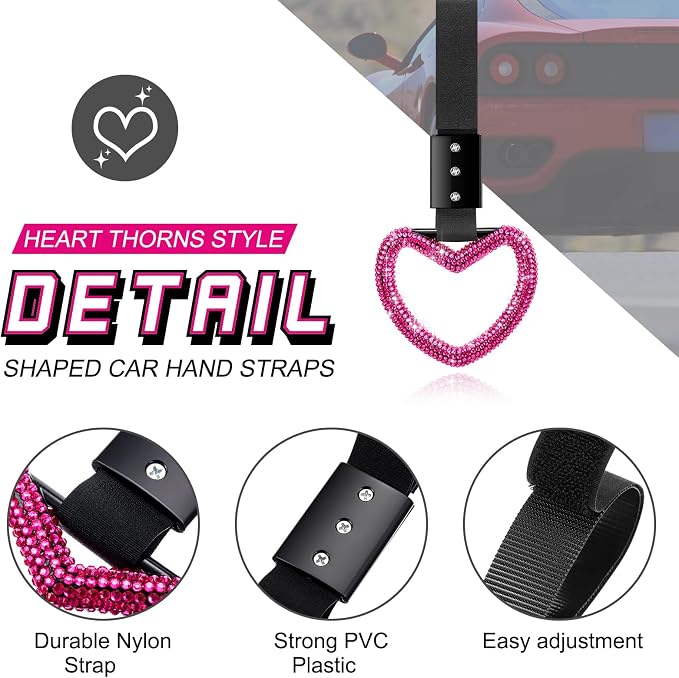 Fabbay Bling Car Accessories Bling Heart Handle Ring Car Accessory for Women Hearts Hand Strap Drift Charm Rear Bumper Warning Ring Decor for Auto Interior Exterior Decoration(Hot Pink,Heart Style)