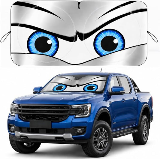 Car Windshield Sun Shade, Universal Fit Full-Size SUV Pickup, Sporty Silver | 63 x 33.86" Large Windshield Cover, Foldable Front Window Sunshade, UV Heat Blocker, Cute Eyes Series