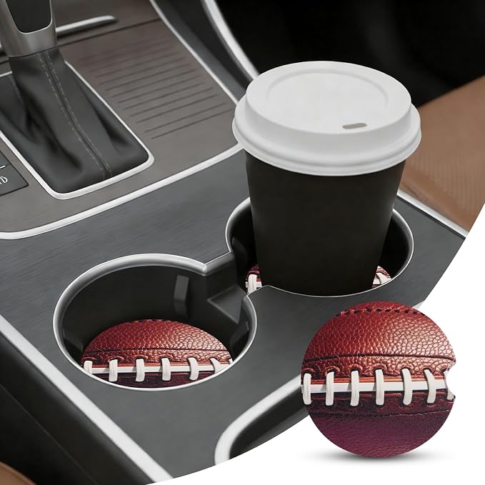 2 Pack Football Car Coasters for Men Women Car Cup Holder Coasters, 2.63 Inch Anti Slip Ceramic Absorbent Coaster with Cork Base and Finger Notch, Funny Car Accessories Interior