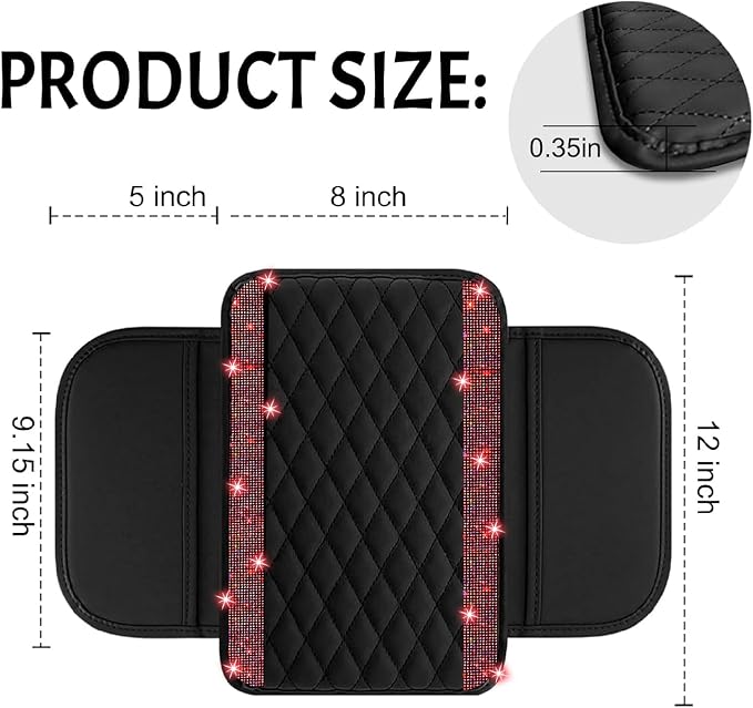 NBTEPEM Bling Car Center Console Cover, Leather Car Arm Rest Cover Cushion with 2 Storage Bags, Universal Automotive Armrest Protector Storage Box, Bling Accessories Interior for Most Vehicles (Red)