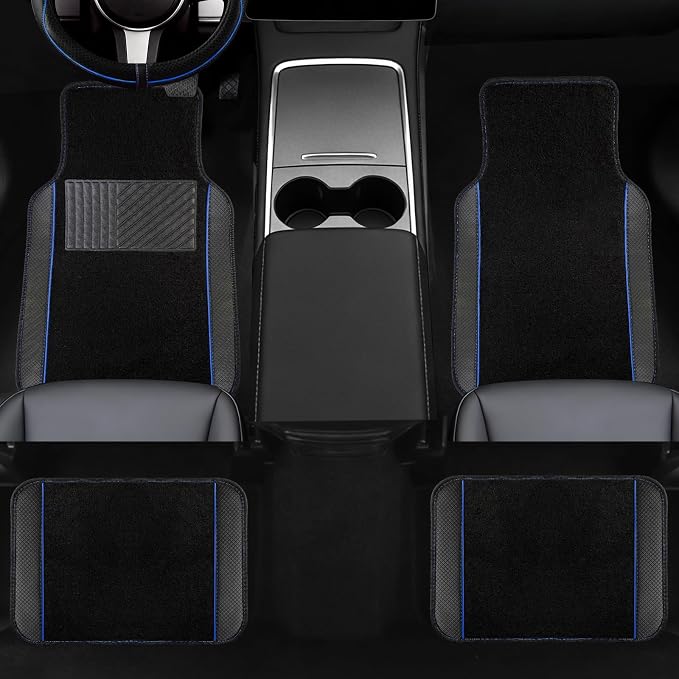 NBTEPEM Waterproof Universal Fit Car Floor Mats, Faux Leather Sporty Car Carpet Mats with Anti-Slip Nibbs Backing & Driver Heel Pad Fit for SUV, Vans, Sedans, Trucks, Set of 4 (Black with Blue line)