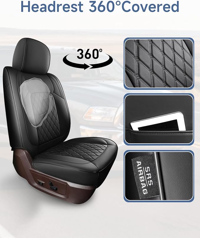 Custom Seat Covers fit for Dodge Ram 1500 2500 3500, Full Coverage Luxury Leather Ram Truck Seat Cover 2009-2025 Compatible with Crew Cab Double Quad Regular (Black, Full Set (Flat Front/Curved Rear))