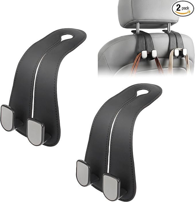 CHOSMOYI 2 Packs Car Seat Hooks, Leather Car Headrest Hook, Car Purse Hook Seat Back Hanger Storage Organizer, Car Hook for Purses and Bags(Black)