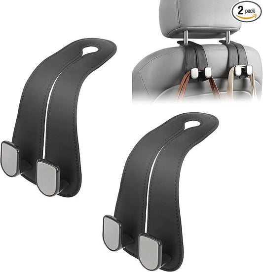 CHOSMOYI 2 Packs Car Seat Hooks, Leather Car Headrest Hook, Car Purse Hook Seat Back Hanger Storage Organizer, Car Hook for Purses and Bags(Black)
