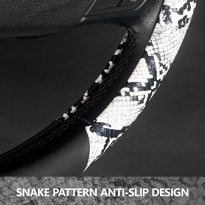 ZHOL Snake Skin Steering Wheel Cover, Universal 14.5-15 inch Breathable Microfiber Leather Anti-Slip Car Steering Wheel Protector for Women Men, Black&White