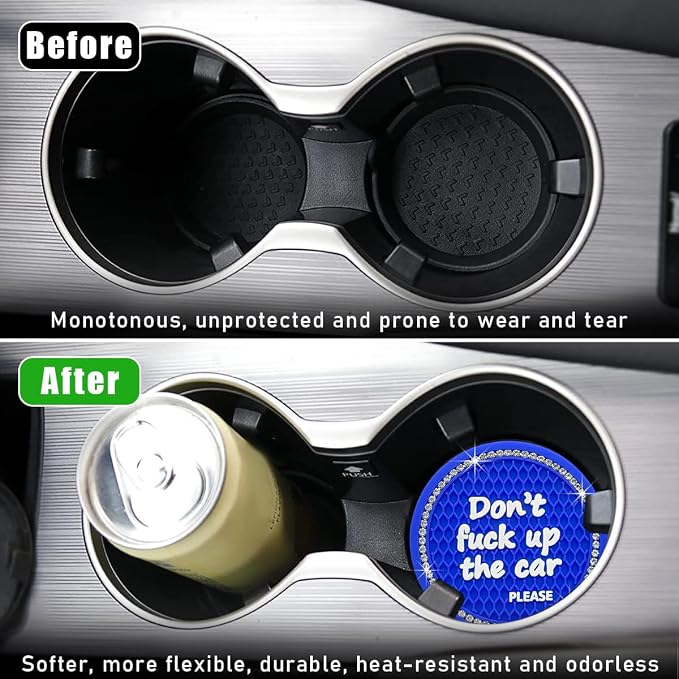 Ohleats 2 PCS Bling Car Cup Coaster, 2.75 Inch Non-Slip Don't Fuck Up My Car Please Cup Holder Insert Coaster, Crystal Rhinestone Auto Drink Cup Mat, Universal Car Accessories (Blue)