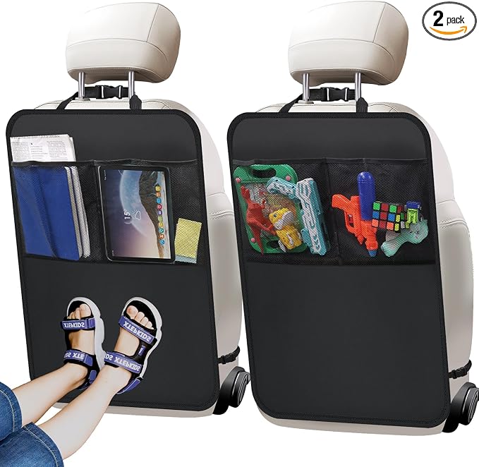 2 Pack Kick Mat Backseat Protector,Back Seat Cover for Kids,Car Seat Back Protectors with 2 Pocket Storage Organizer for Car, SUV, Minivan or Truck Seats (Black)