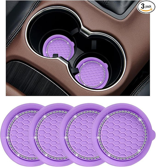 Ziciner 4 PCS Car Cup Coaster Holders, 3.15 Inch Silicone Anti-Slip Auto Insert Coaster, Crystal Rhinestone Car Drink Cup Mat, Universal Durable Auto Interior Accessories (Purple, 4Pack)