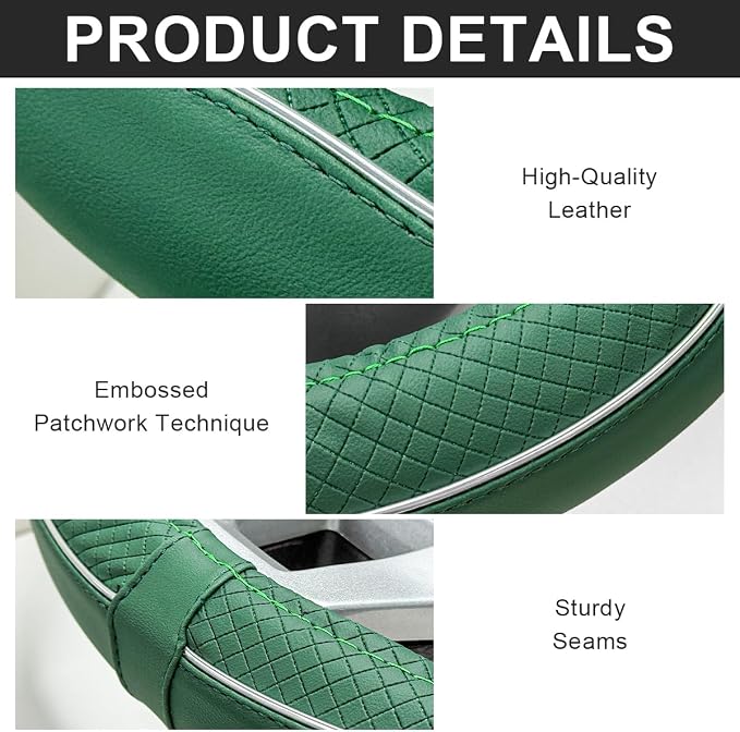 Car Steering Wheel Cover, 15 Inch Anti-Slip Breathable Leather Auto Steering Wheel Protector, Full Surround Soft Steering Wheel Cover for Men Women, Car Interior Accessories (Green & White)