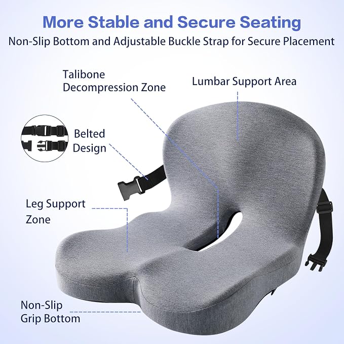 Back and Seat Cushion for Office Chair, Light Grey | Wide ergonomic memory foam, coccyx cutout & adjustable straps, tailbone & back relief, non-slip for car, home & gaming