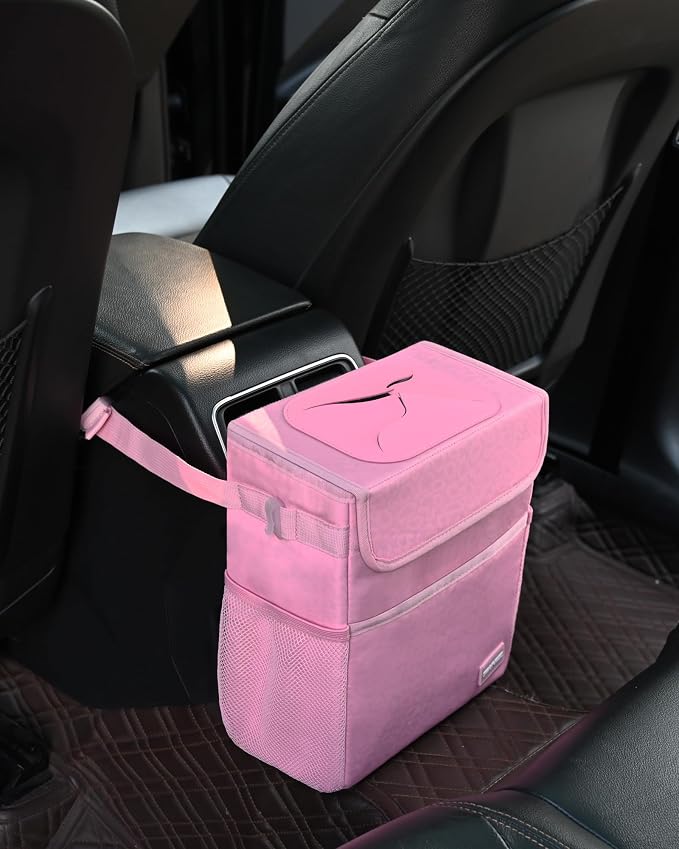 SIBOFUEGO Car Trash Can Cute - Multifunctional Interior Car Accessory for Women, Car Organizer and Storage with Adjustable Straps, Car Stuff Storage 2 Gallons (Leopard-Print Pink)