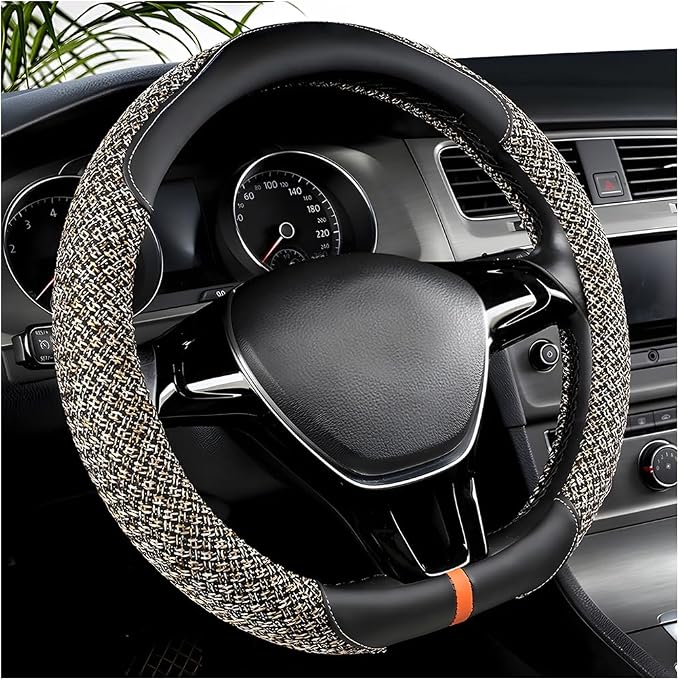 Zpana Car Steering Wheel Cover, 14.5-15" Breathable Linen Sporty Vehicle Steering Wheel Protector with Non-Slip Lining, Automotive Interior Decoration Accessories, Universal Fit (Black/Beige)