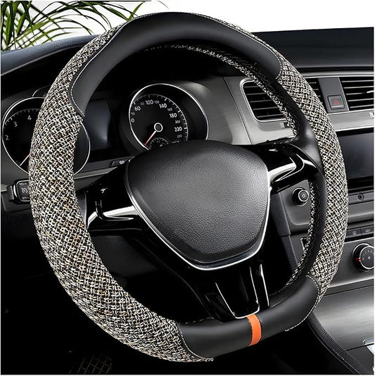 Zpana Car Steering Wheel Cover, 14.5-15" Breathable Linen Sporty Vehicle Steering Wheel Protector with Non-Slip Lining, Automotive Interior Decoration Accessories, Universal Fit (Black/Beige)