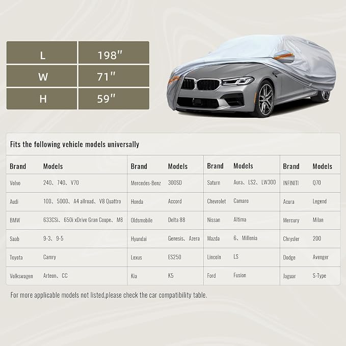 TUCAREST 6 Layers Full Car Cover for Sedan/Wagon/Coupe/Hatchback - Waterproof, Insulated, Anti-UV, Snow-Proof, Anti-Wind, All-Weather, Thickened Protection, up to 198 in