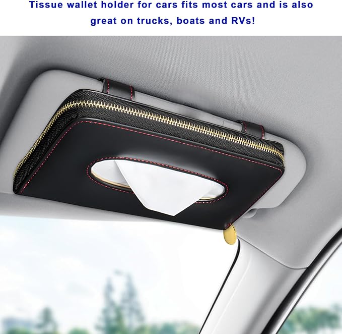 Car Tissue Holder, PU Leather Auto Sun Visor Tissue Case Napkin Holder with Zipper, Rectangular Mask Dispenser Hanging Paper Towel Organizer for Cars SUVs Trucks RVs (Black)