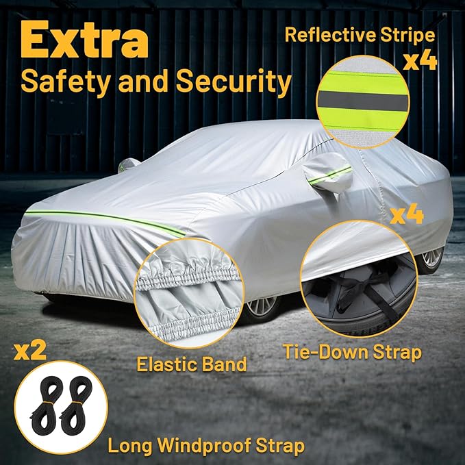 Favoto Car Cover Waterproof All Weather Windproof for Sedans 184-193 Inches | UV Protection, Soft Cotton Lining, Driver Door Zipper, Reflective Strips and Storage Bag Included with Vehicle Fitment Silver