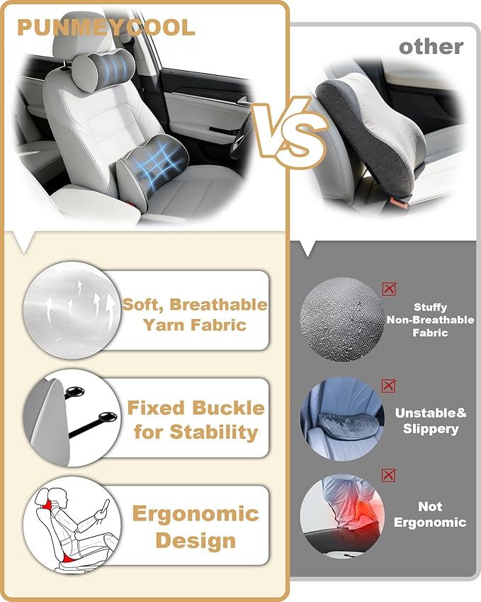 Car Lumbar Support & Neck Support Headrest Pillow Kit | Ergonomic Memory Foam Cushion, Sciatica & Tailbone Pain Relief, Fits Car Seat, Office Chair & Wheelchair