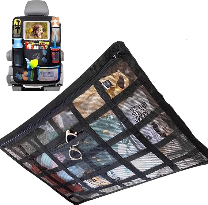 Car Ceiling Cargo Net with Backseat Organizer, Anti-Fall Ceiling Mesh Storage Organizer, Double Layer Cargo Net, Heavy Duty Load Capacity Roof Net Inside Car, Easy-to-Install & Reduce Sagging.