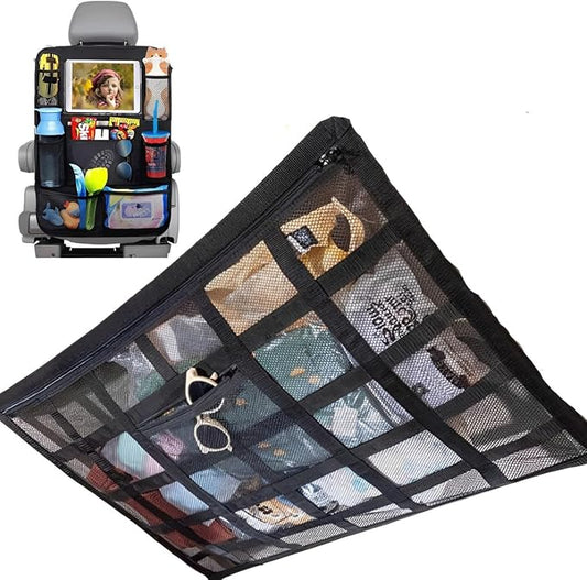 Car Ceiling Cargo Net with Backseat Organizer, Anti-Fall Ceiling Mesh Storage Organizer, Double Layer Cargo Net, Heavy Duty Load Capacity Roof Net Inside Car, Easy-to-Install & Reduce Sagging.