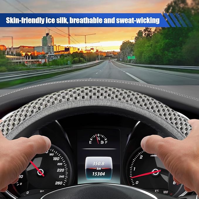 Elastic Stretch Steering Wheel Cover, for Men Women (Gray) | 15" Breathable Microfiber Ice Silk Steering Wheel Protector, Universal Anti-Slip Warm in Winter&Cool in Summer Car Accessory